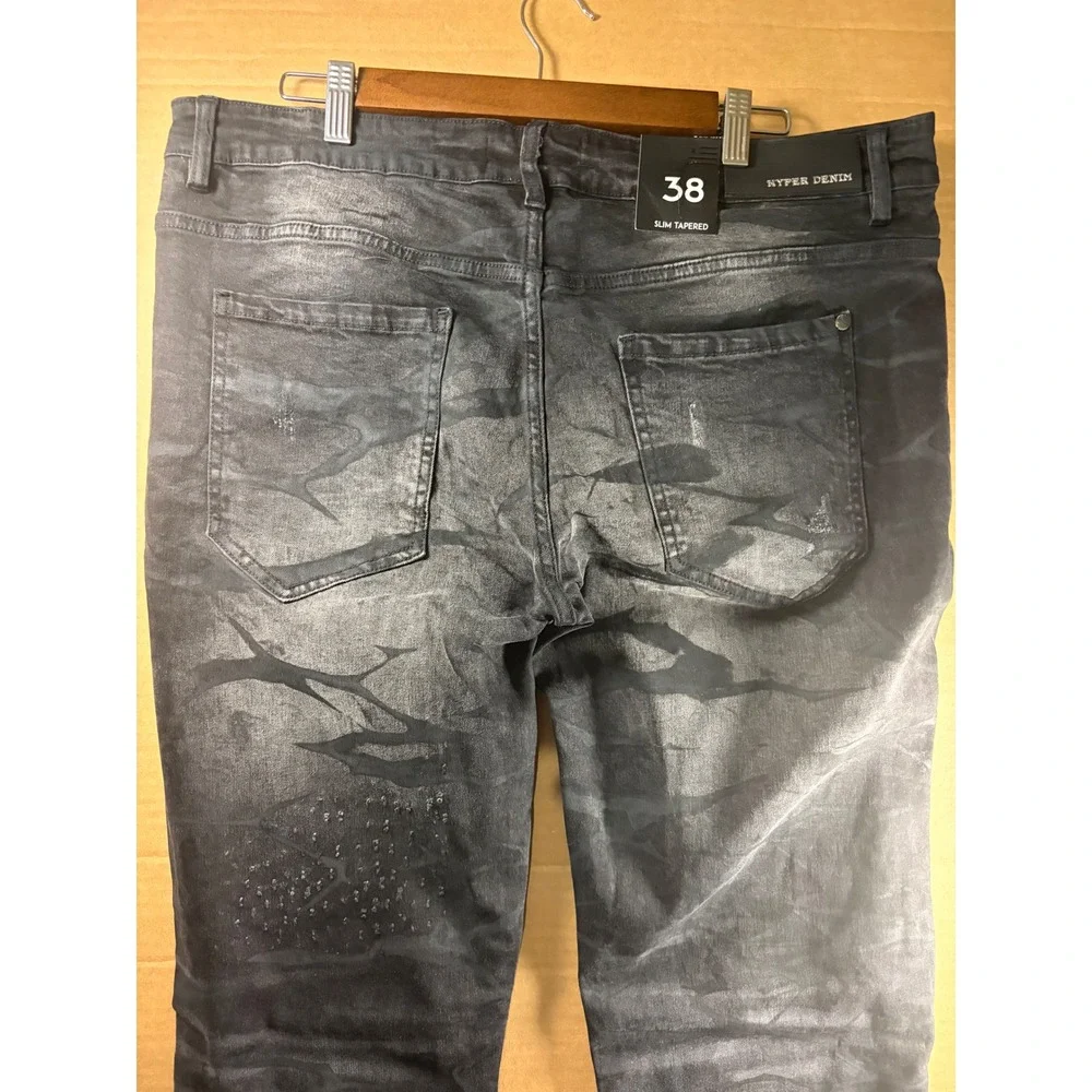 Hyper Denim Black Tiger Distressed Jeans Mens 38 Slim Tapered Streetwear